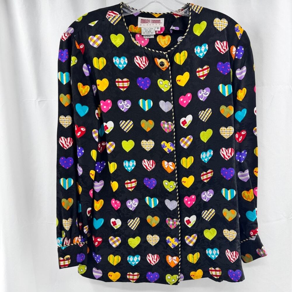 Vintage Maggy London Silk Heart Button Front Top Novelty